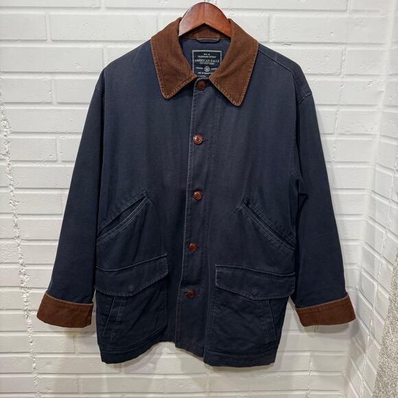 Vintage American Eagle Corduroy Canvas Chore Barn Coat Navy Flannel Mens Sml - Picture 5 of 12